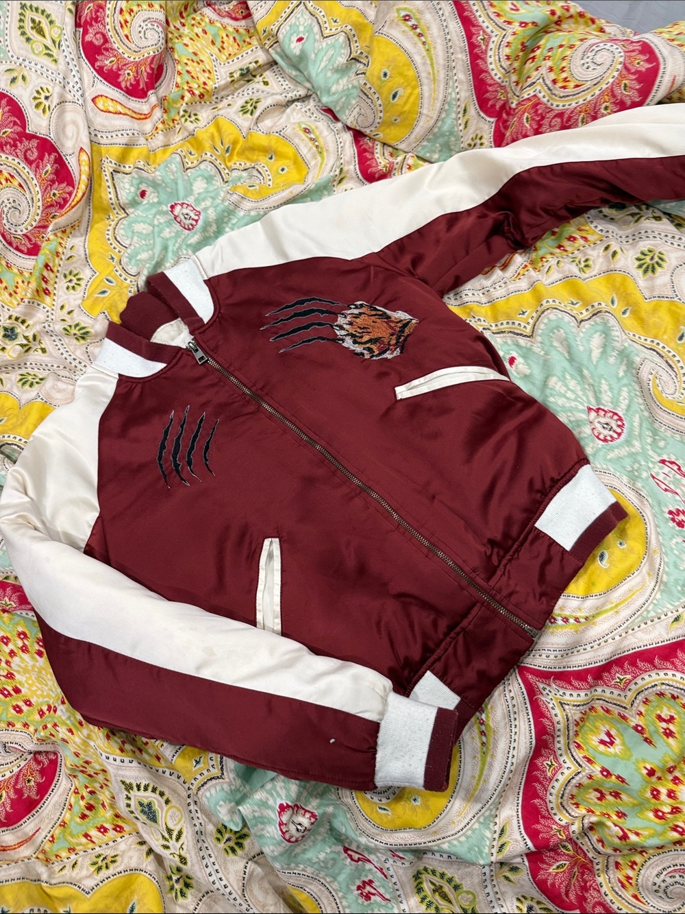 silence + noise Maroon and White Bomber Jacket